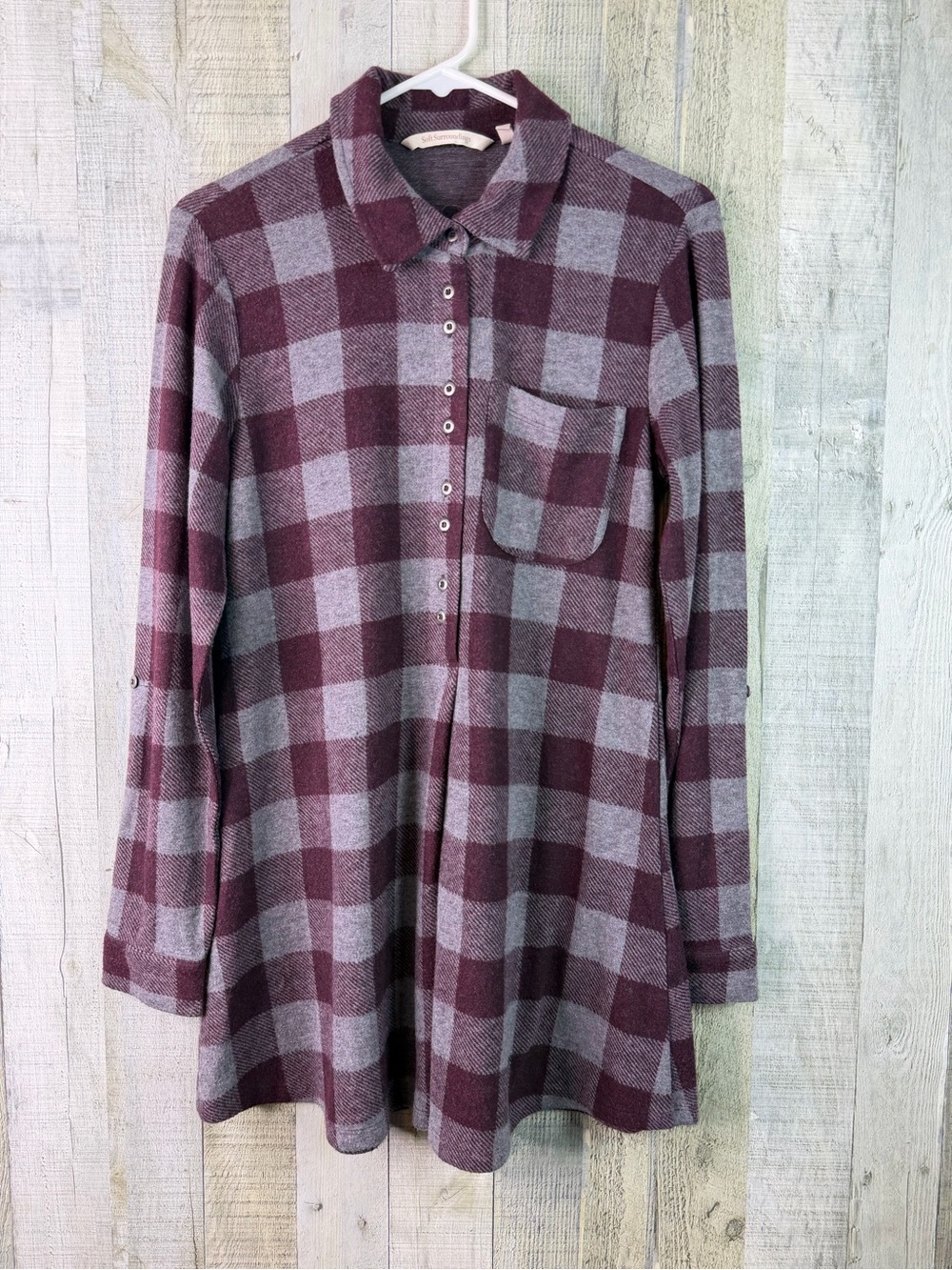 Soft Surroundings XS Soft Flannel Plaid Tabbed Long Sleeve Shirt Dress W/Pocket